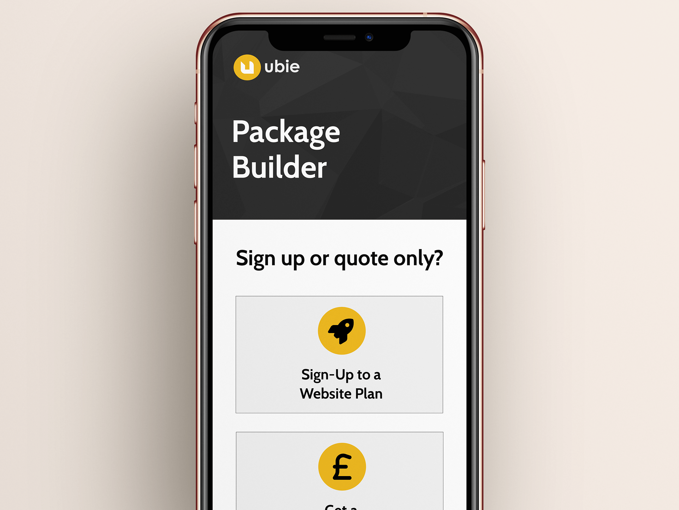Ubie package builder on an iphone mobile phone